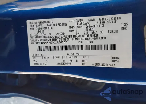 2019 Ford Ranger Lariat из США, поврежденный, VIN 1FTER4FH5KLA86763